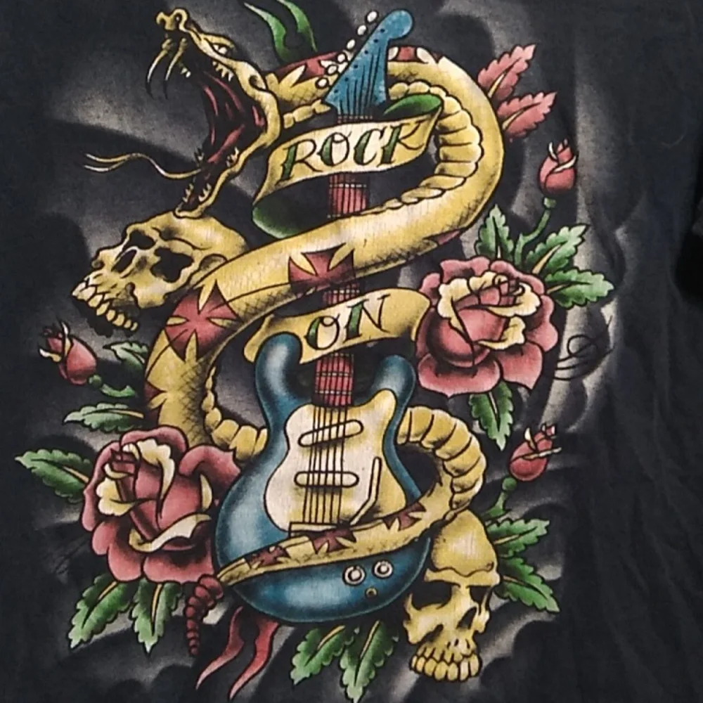 (BX80) SALE! RARE! Vintage 70's 707 Rock On Youth Medium Guitar Skull Rose Tee